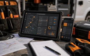Field operations tablet and phone showing mobile service workflow tools with orange accents