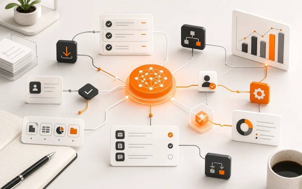 AI automation workflow map with human approval checkpoints and orange central automation node
