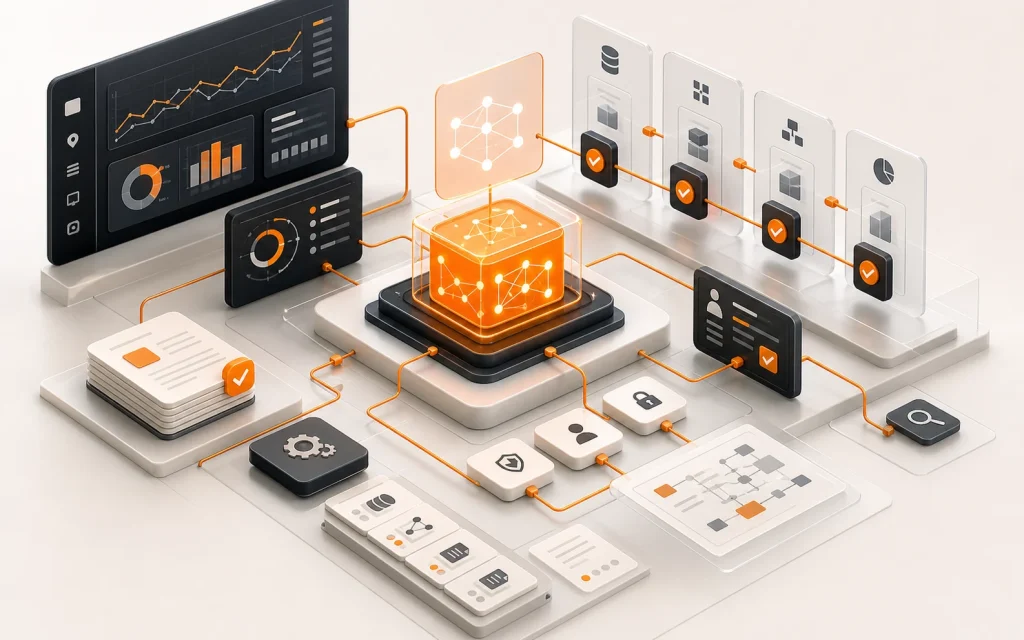 Human in the loop AI digital system with approval gates, audit panels, and orange AI core