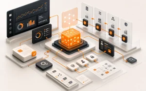 Human in the loop AI digital system with approval gates, audit panels, and orange AI core