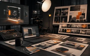 Media production studio with 3D render frames, motion boards, and orange launch content accents