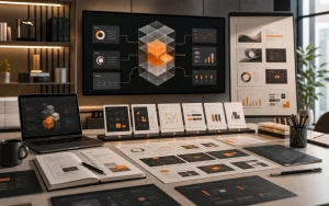 Executive presentation workspace turning technical ideas into decision ready story panels with orange accents