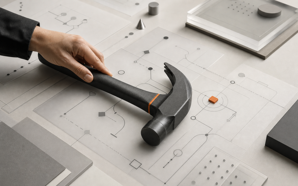 A hand directing a graphite hammer across a layered AI workflow map with orange control points.