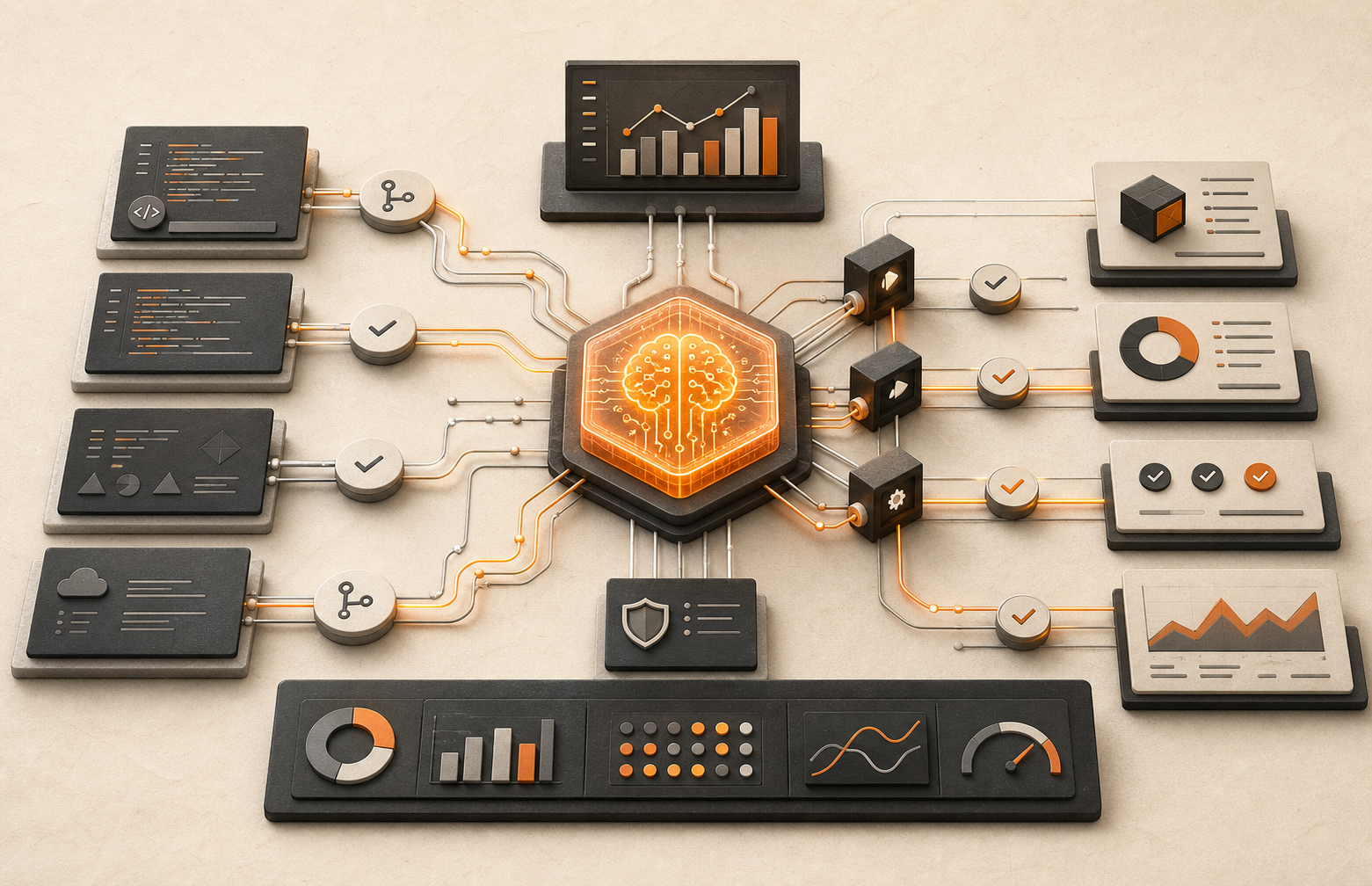 Premium editorial systems graphic showing an orange AI core routing software changes through code review, testing, security, and analytics checkpoints on a warm paper background.