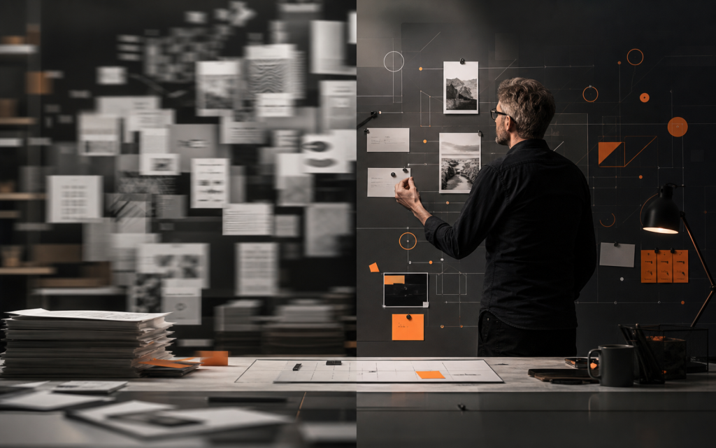 Editorial illustration representing the difference between AI-generated output and AI-enabled business value