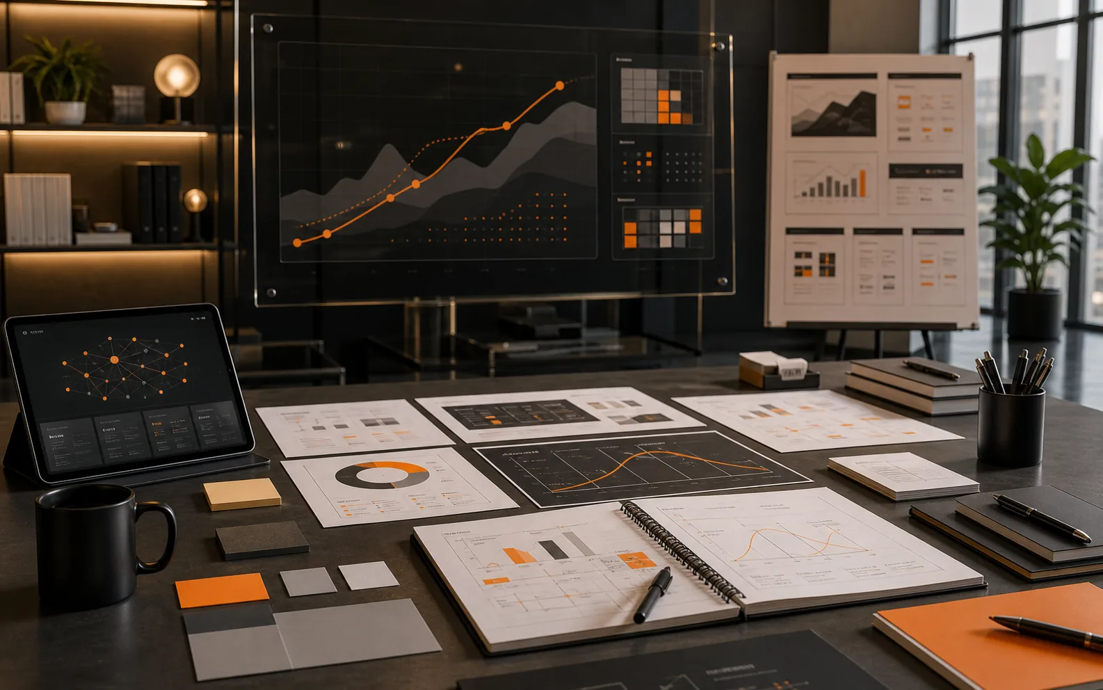 Premium strategy workspace showing frontier AI market analysis, lifecycle charts, competitor mapping, and consulting visuals in the Absolutmedia palette.