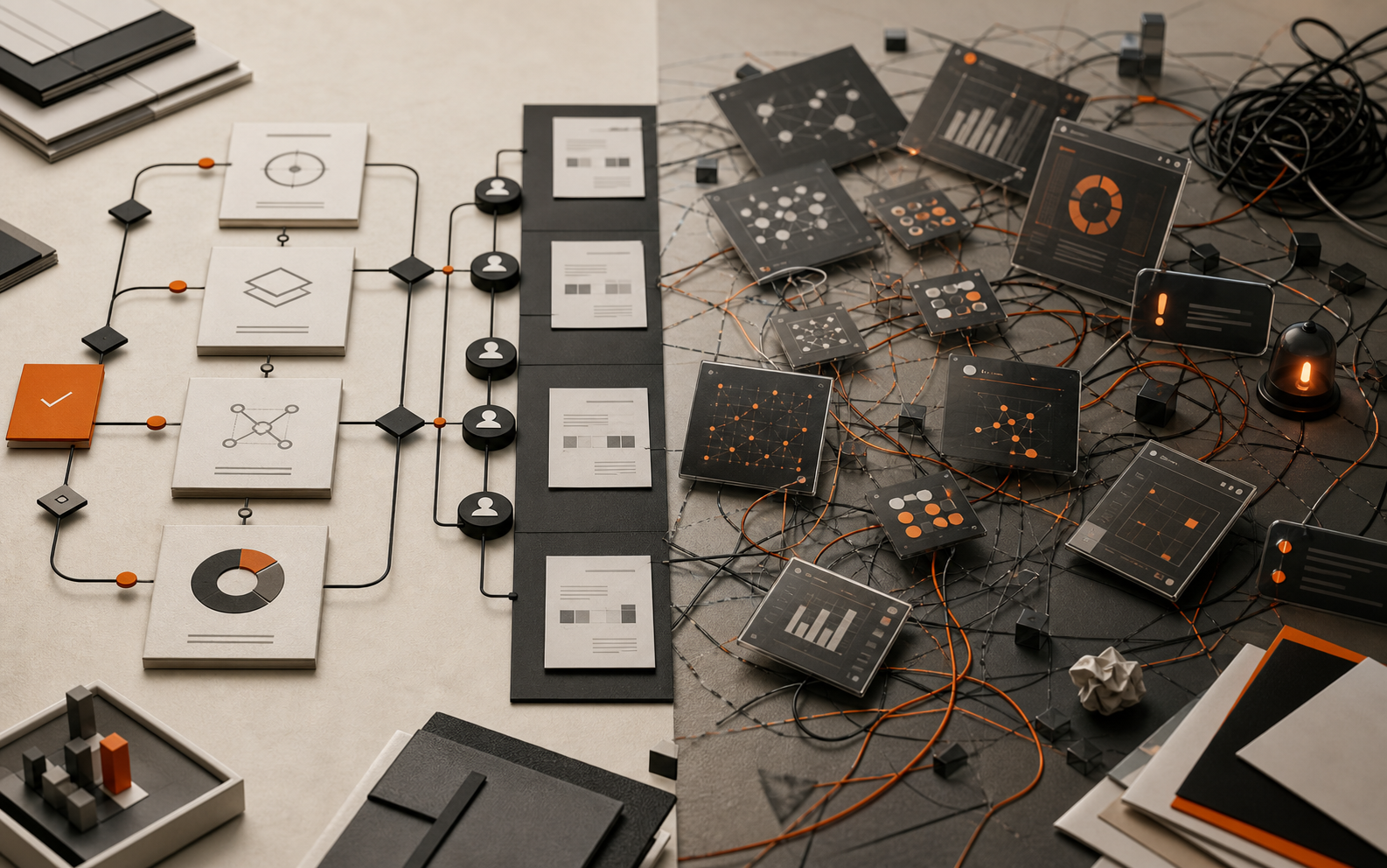 Editorial systems workspace contrasting a coherent AI strategy and human review flow with fragmented tools, tangled connections, and urgent alerts.