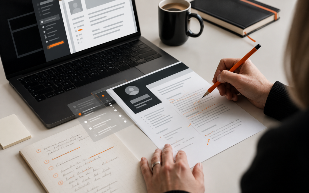 Editorial workspace showing a resume, profile draft, AI writing suggestions, and human review notes in Absolutmedia colors.