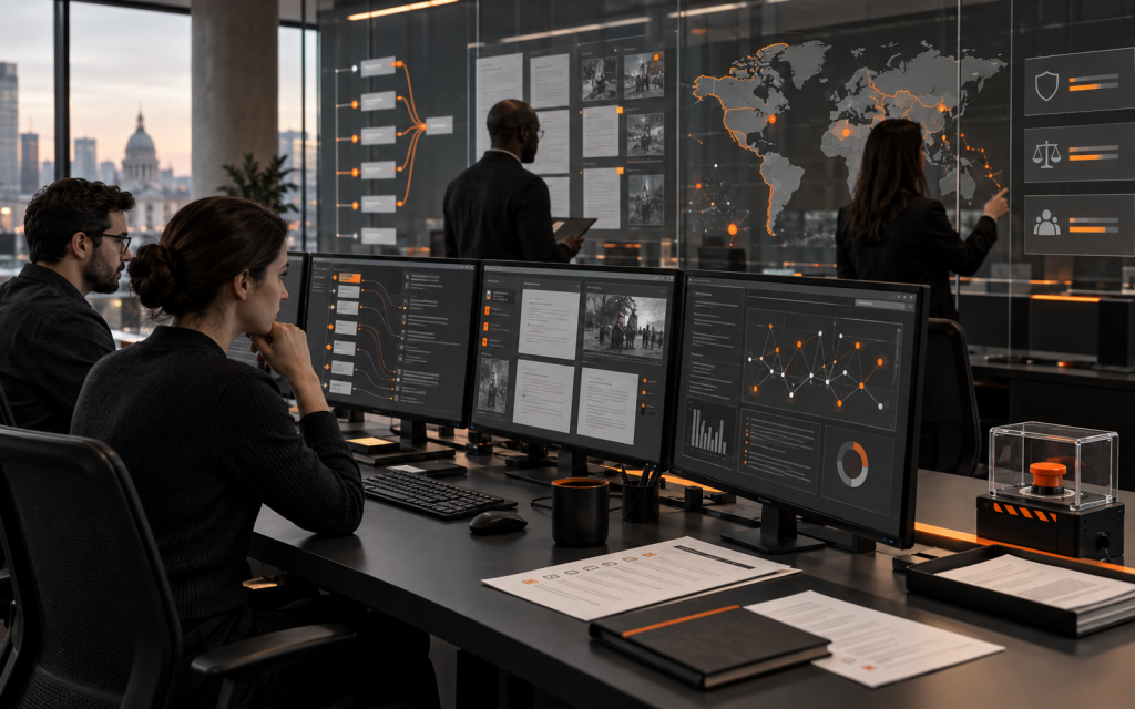 Imagen editorial de una sala de control de IA con puntos de supervisión, rastros de auditoría, controles de emergencia y revisión humana en la paleta de Absolutmedia.