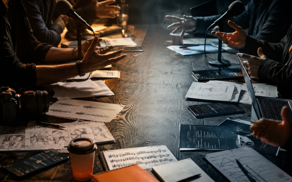 Public debate about AI ethics, creativity, labor, and technology with microphones, notes, laptops, music sheets, storyboards, and code.