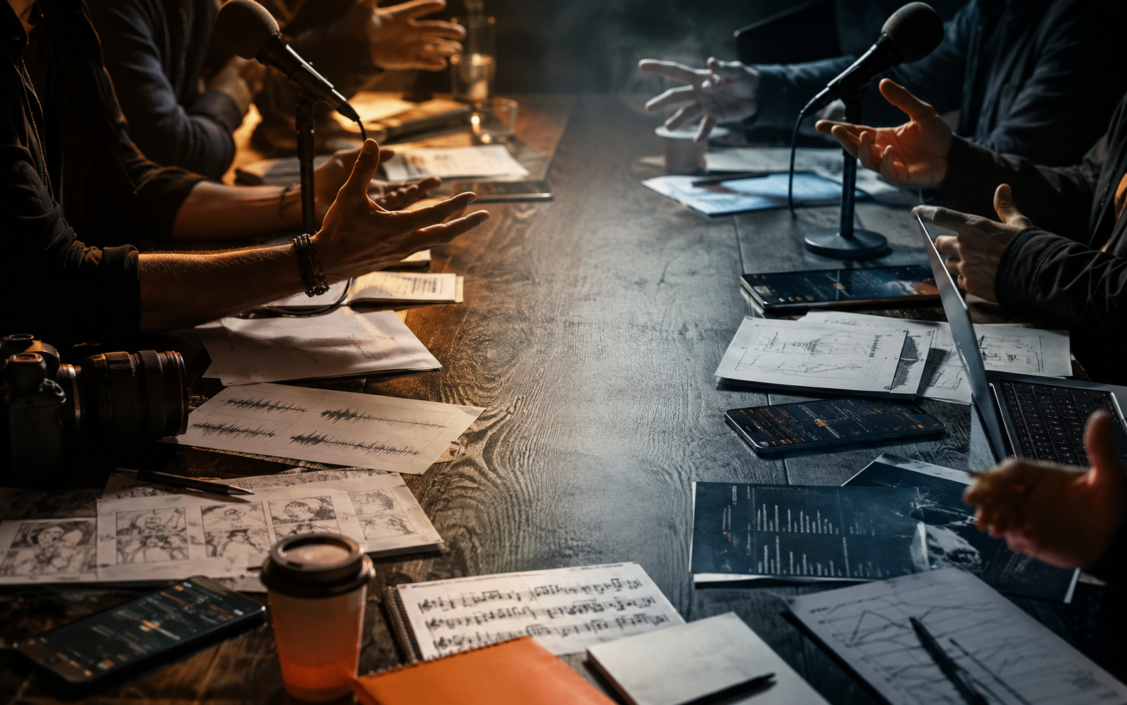 Public debate about AI ethics, creativity, labor, and technology with microphones, notes, laptops, music sheets, storyboards, and code.